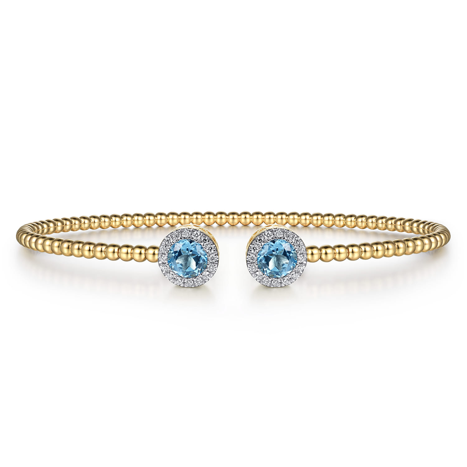 14K Yellow Gold Round Swiss Blue Topaz and Diamond Halo Bujukan Bangle - 0.16 ct - Shot 1