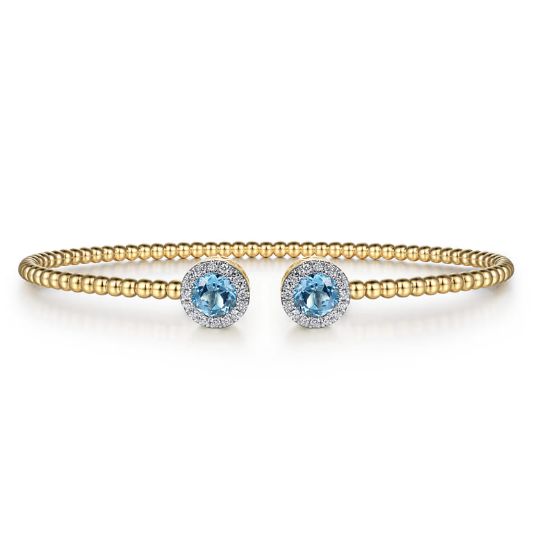 14K Yellow Gold Round Swiss Blue Topaz and Diamond Halo Bujukan Bangle - 0.16 ct - Shot 1