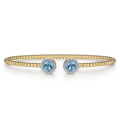 14K Yellow Gold Round Swiss Blue Topaz and Diamond Halo Bujukan Bangle