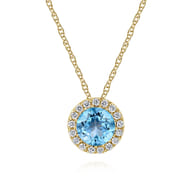 14K Yellow Gold Round Swiss Blue Topaz and Diamond Halo Pendant Necklace