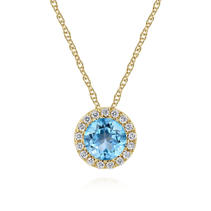 14K Yellow Gold Round Swiss Blue Topaz and Diamond Halo Pendant Necklace