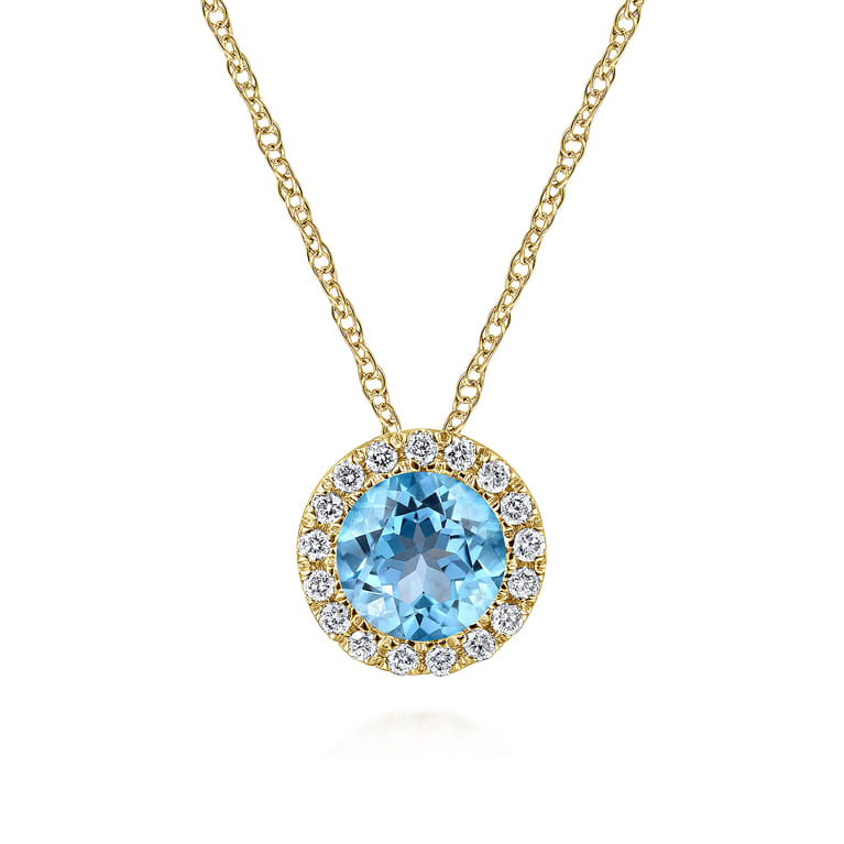 14K Yellow Gold Round Swiss Blue Topaz and Diamond Halo Pendant Necklace - 0.07 ct - Shot 1