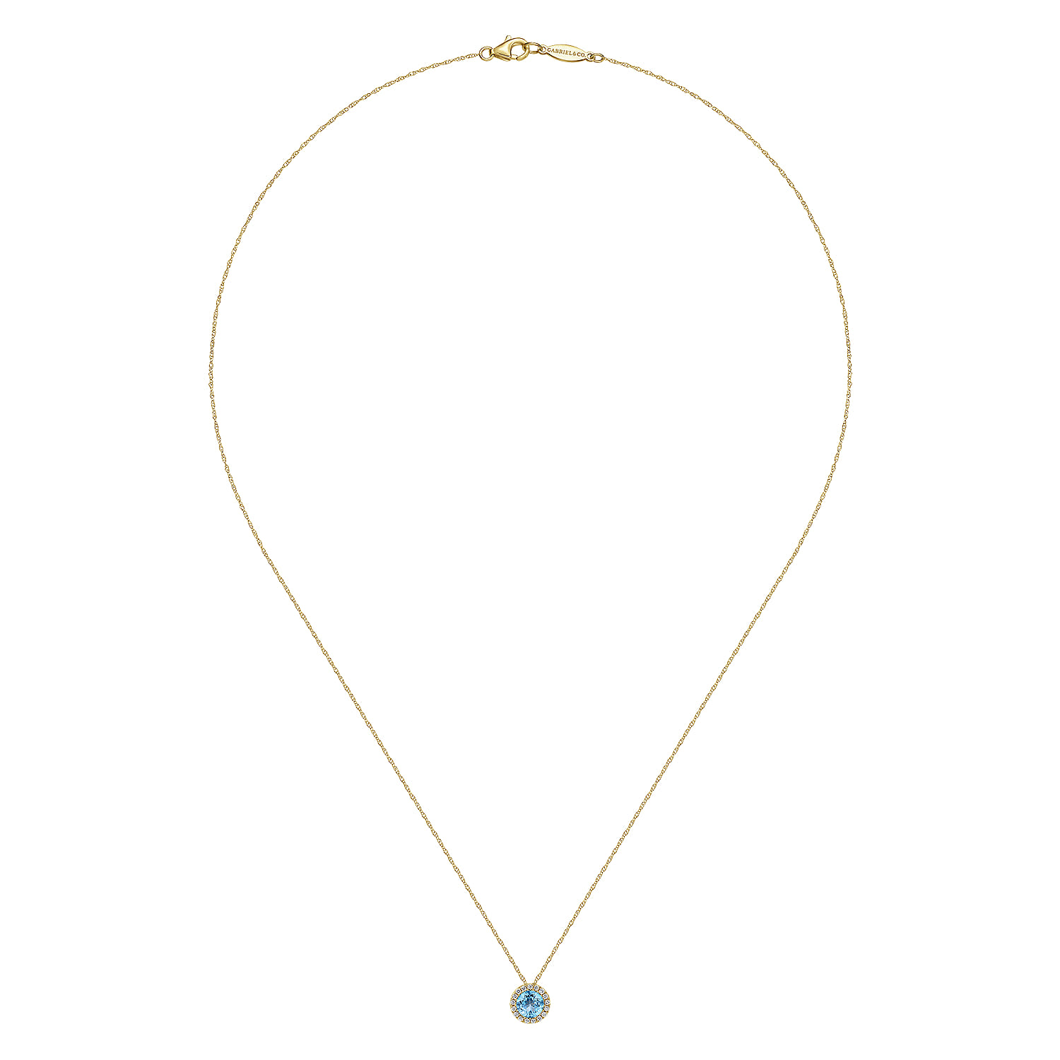 14K Yellow Gold Round Swiss Blue Topaz and Diamond Halo Pendant Necklace - 0.07 ct - Shot 2