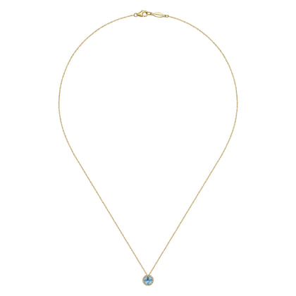 14K Yellow Gold Round Swiss Blue Topaz and Diamond Halo Pendant Necklace