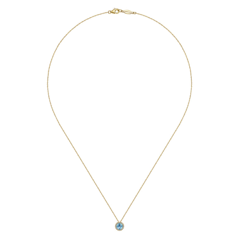 14K Yellow Gold Round Swiss Blue Topaz and Diamond Halo Pendant Necklace - 0.07 ct - Shot 2