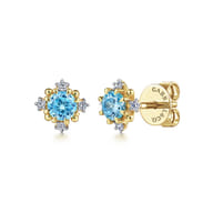 14K Yellow Gold Round Swiss Blue Topaz and Diamond Stud Earrings