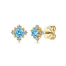 14K Yellow Gold Round Swiss Blue Topaz and Diamond Stud Earrings - 0.08 ct