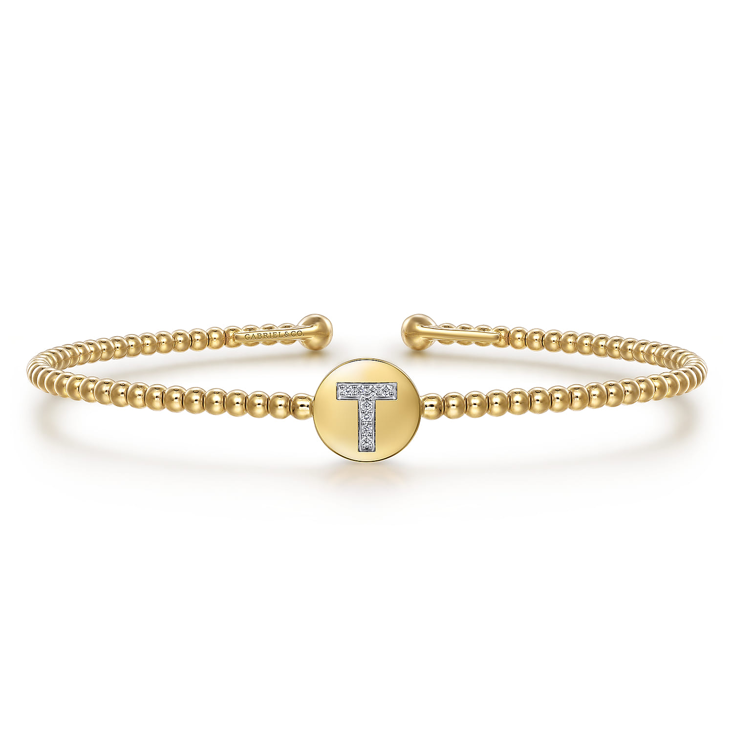 14K Yellow Gold Round T Initial Diamond Bujukan Cuff Bracelet - 0.03 ct - Shot 1
