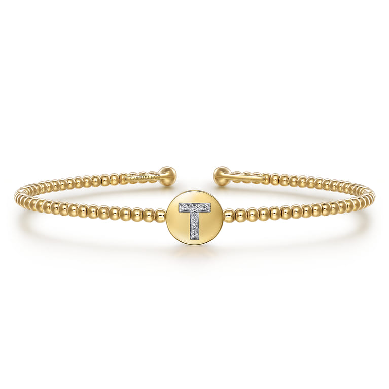 14K Yellow Gold Round T Initial Diamond Bujukan Cuff Bracelet - 0.03 ct - Shot 1
