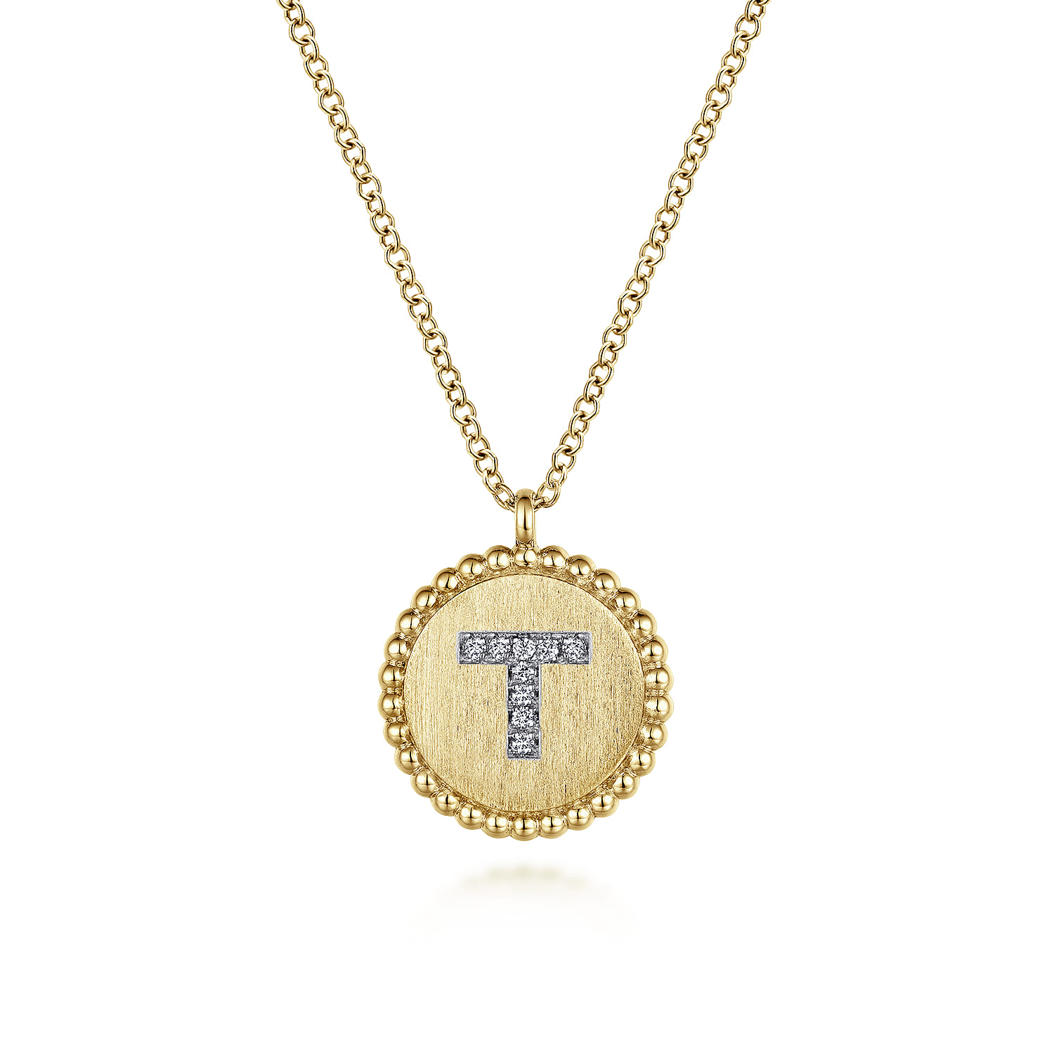 14K Yellow Gold Round T Initial Pendant Necklace with Diamonds - 0.03 ct - Shot 1
