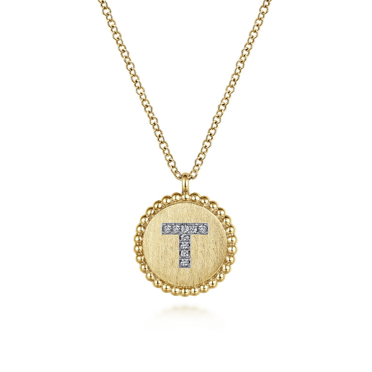 14K Yellow Gold Round T Initial Pendant Necklace with Diamonds - 0.03 ct - Shot 1