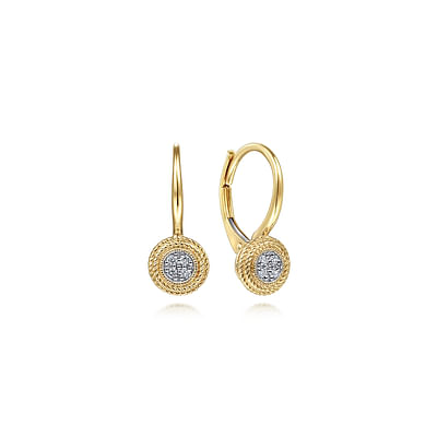 14K Yellow Gold Round Twisted Rope Frame Diamond Leverback Earrings