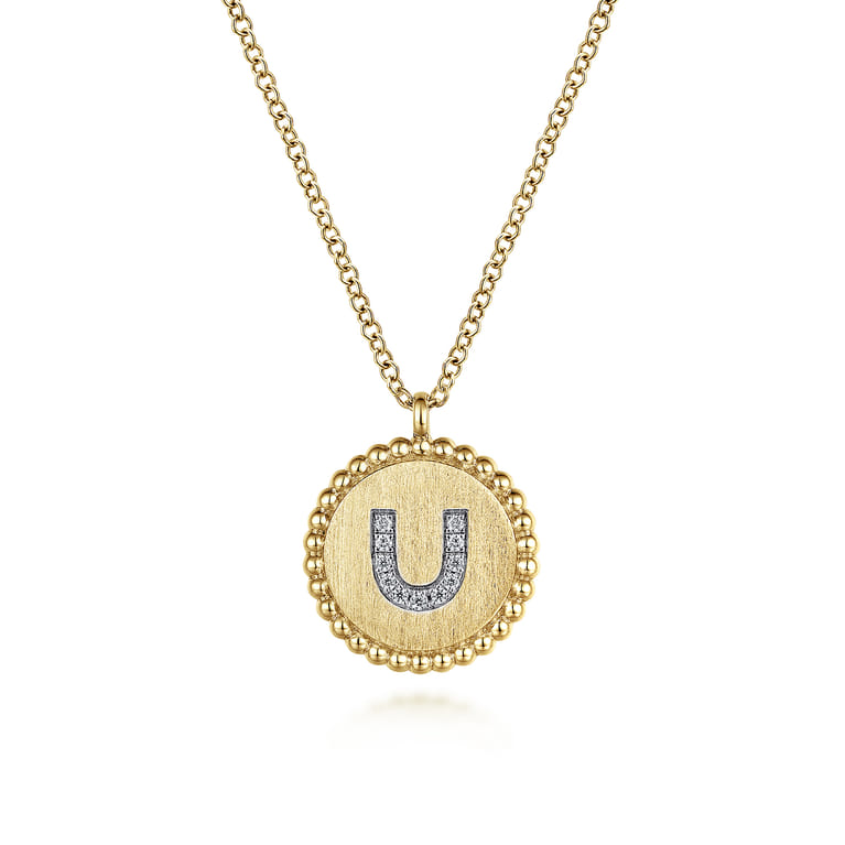 14K Yellow Gold Round U Initial Pendant Necklace with Diamonds - 0.04 ct - Shot 1