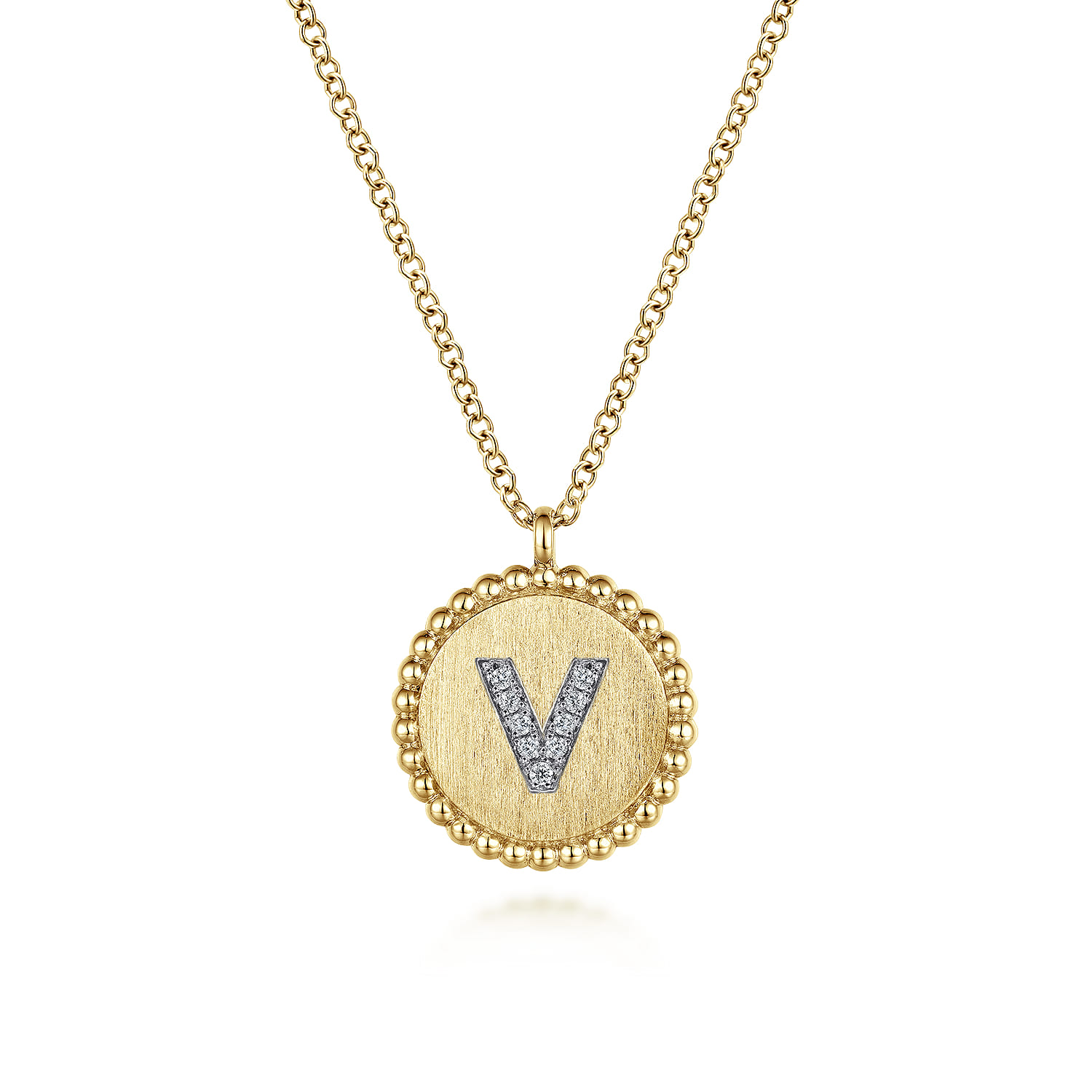 14K Yellow Gold Round V Initial Pendant Necklace with Diamonds - 0.05 ct - Shot 1