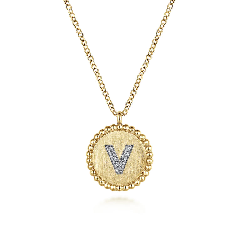 14K Yellow Gold Round V Initial Pendant Necklace with Diamonds - 0.05 ct - Shot 1