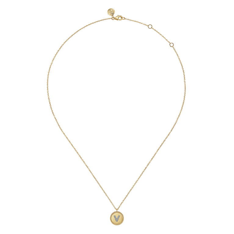 14K Yellow Gold Round V Initial Pendant Necklace with Diamonds - 0.05 ct - Shot 2