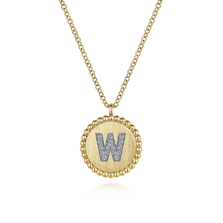 14K Yellow Gold Round W Initial Pendant Necklace with Diamonds - 0.07 ct - Shot 1