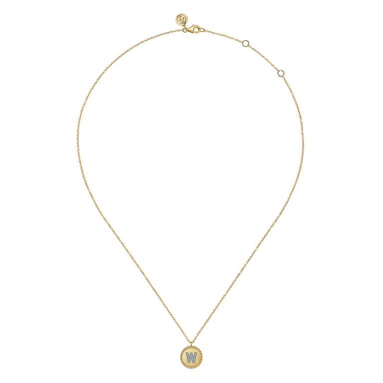 14K Yellow Gold Round W Initial Pendant Necklace with Diamonds - 0.07 ct - Shot 2