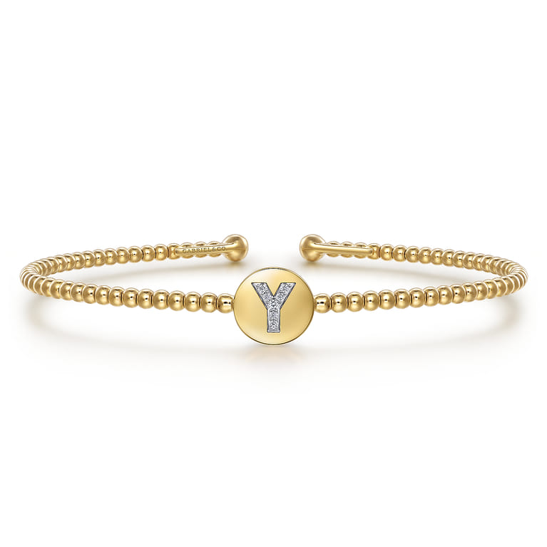 14K Yellow Gold Round Y Initial Diamond Bujukan Cuff Bracelet - 0.03 ct - Shot 1