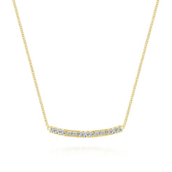 14K Yellow Gold Round and Baguette Diamond Curved Bar Necklace