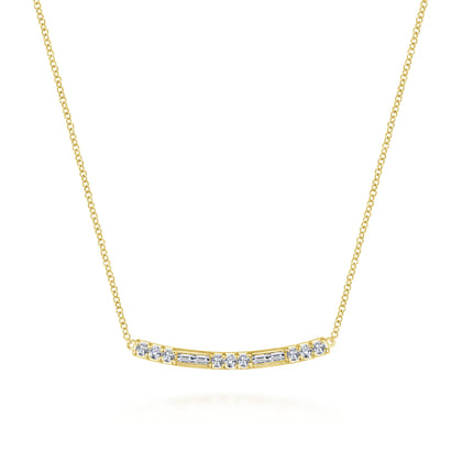 14K Yellow Gold Round and Baguette Diamond Curved Bar Necklace
