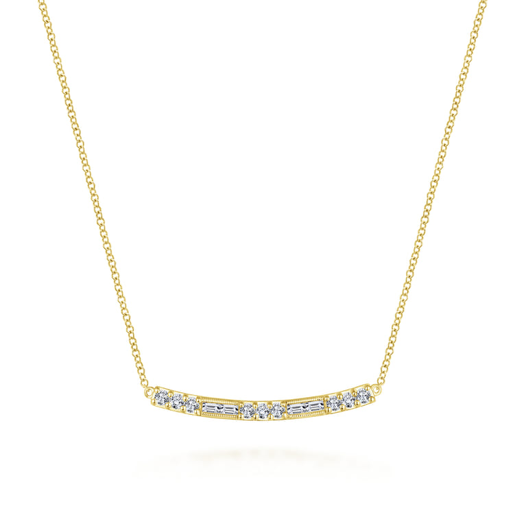 14K Yellow Gold Round and Baguette Diamond Curved Bar Necklace - 0.46 ct - Shot 1