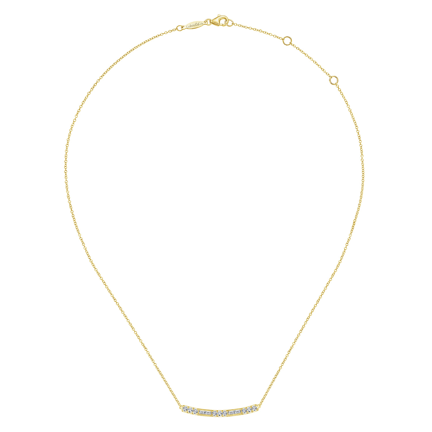 14K Yellow Gold Round and Baguette Diamond Curved Bar Necklace - 0.46 ct - Shot 2