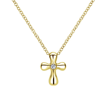 14K Yellow Gold Rounded Diamond Cross Necklace