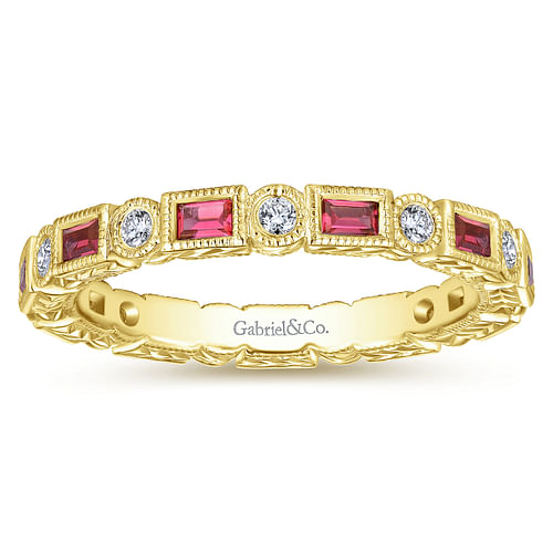 14K Yellow Gold Ruby Baguette and Diamond Round Eternity Ring - Shot 4