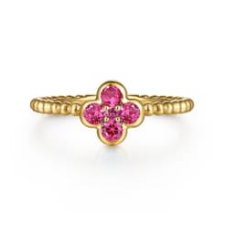 14K Yellow Gold Ruby Cluster Clover and Bujukan Bead Stackable Ring