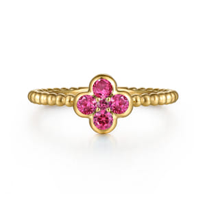 14K Yellow Gold Ruby Cluster Clover and Bujukan Bead Stackable Ring