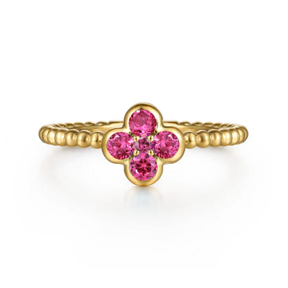 14K Yellow Gold Ruby Cluster Clover and Bujukan Bead Stackable Ring