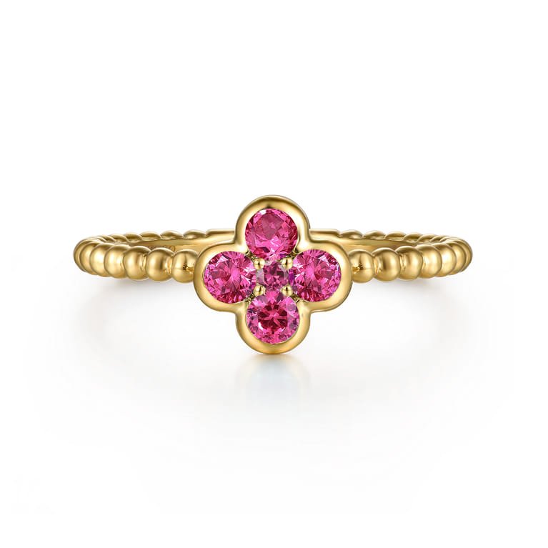 14K Yellow Gold Ruby Cluster Clover and Bujukan Bead Stackable Ring - Shot 1