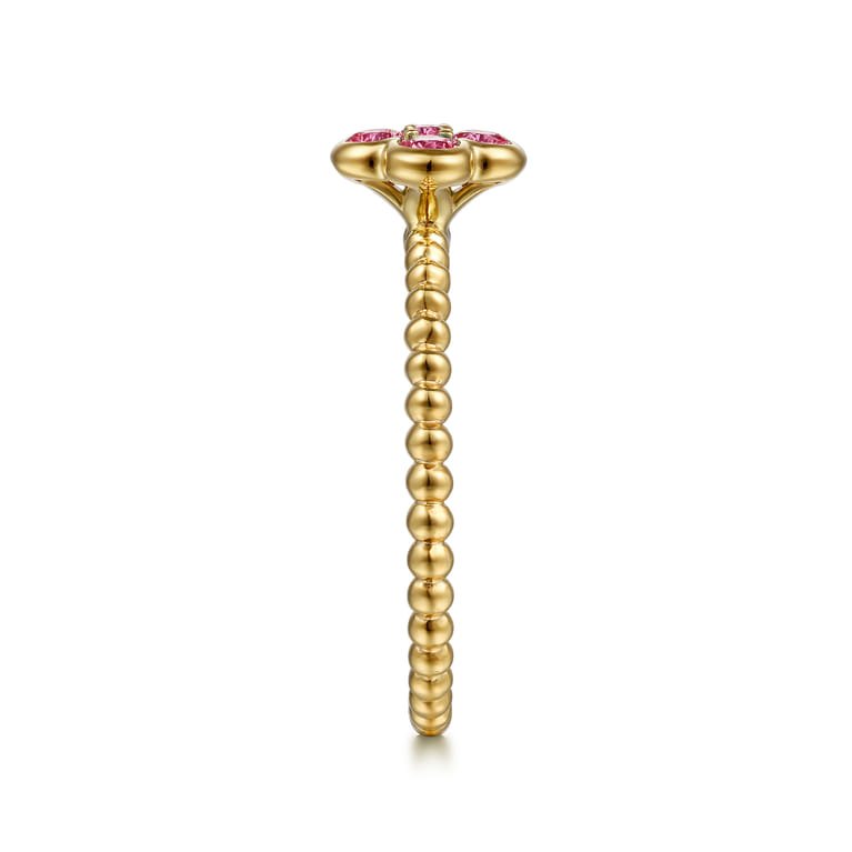 14K Yellow Gold Ruby Cluster Clover and Bujukan Bead Stackable Ring - Shot 4