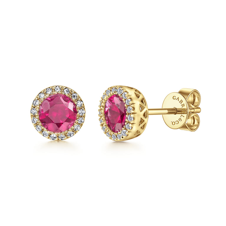 14K Yellow Gold Ruby Dia Halo Stud Earrings - 0.1 ct - Shot 1