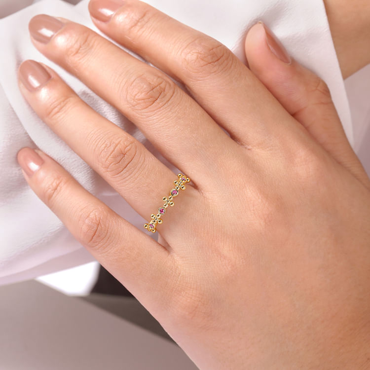 14K Yellow Gold Ruby and Bujukan Bead Station Ring