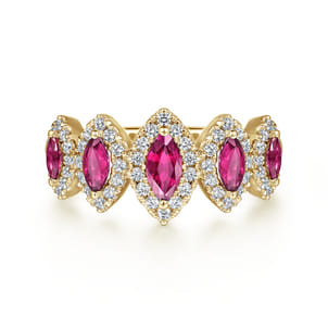 14K Yellow Gold Ruby and Diamond Halo Marquise Ladies Ring