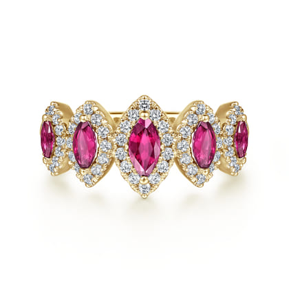 14K Yellow Gold Ruby and Diamond Halo Marquise Ladies Ring