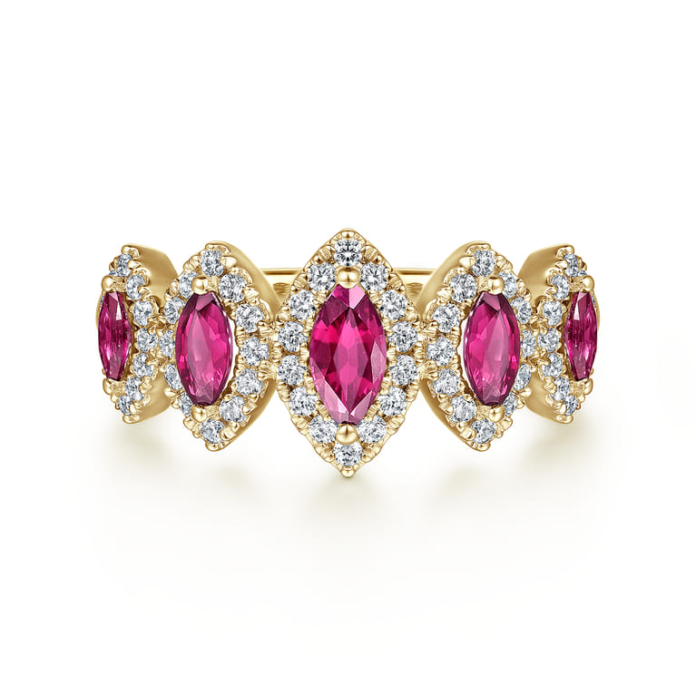 14K Yellow Gold Ruby and Diamond Halo Marquise Ladies Ring - 0.35 ct - Shot 1