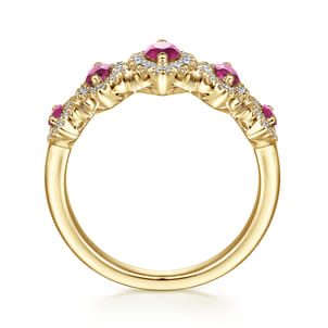 14K Yellow Gold Ruby and Diamond Halo Marquise Ladies Ring