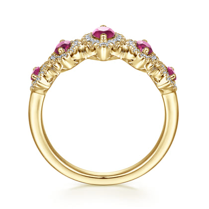 14K Yellow Gold Ruby and Diamond Halo Marquise Ladies Ring