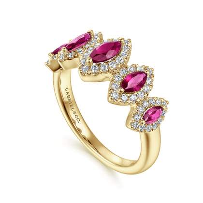 14K Yellow Gold Ruby and Diamond Halo Marquise Ladies Ring