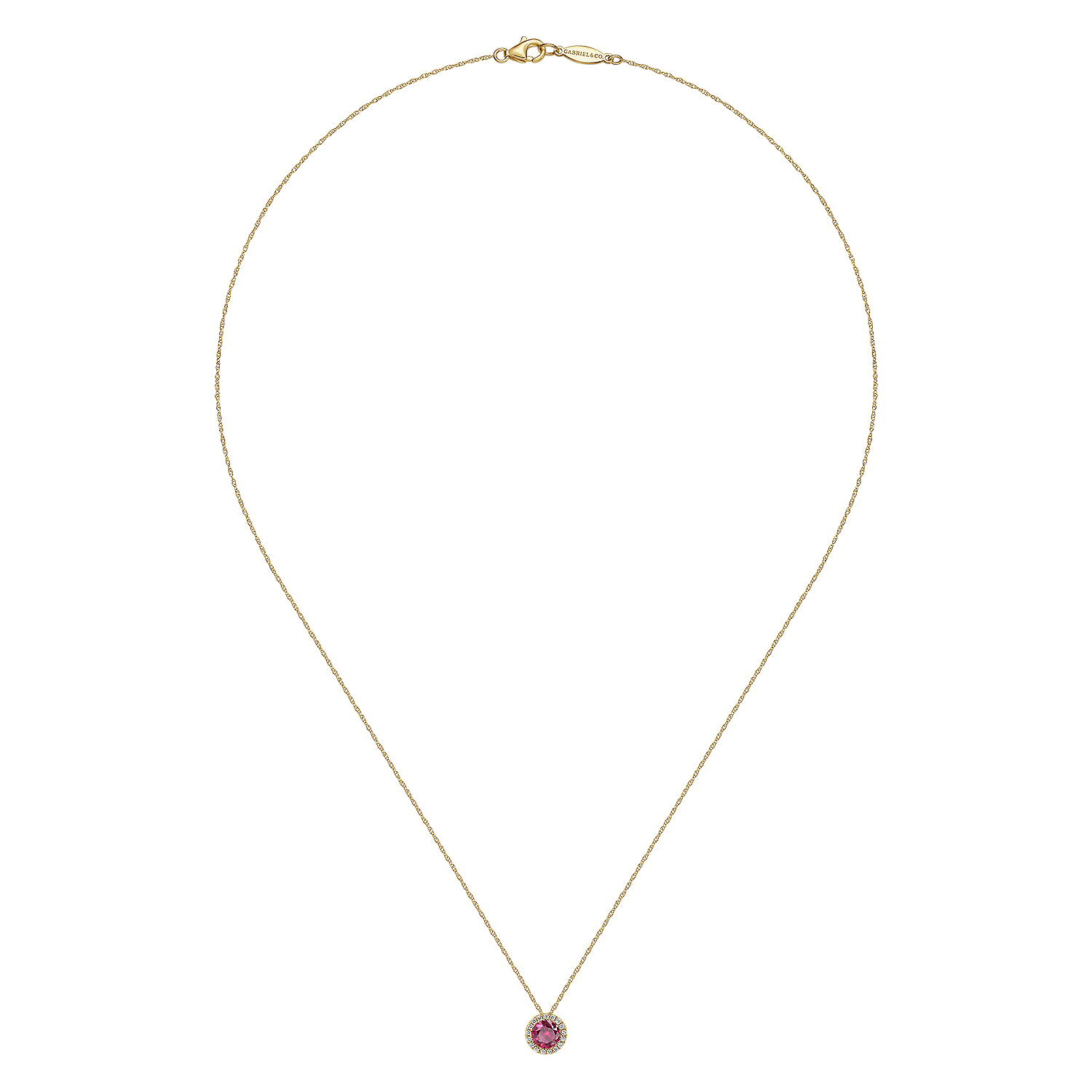 14K Yellow Gold Ruby and Diamond Halo Pendant Necklace