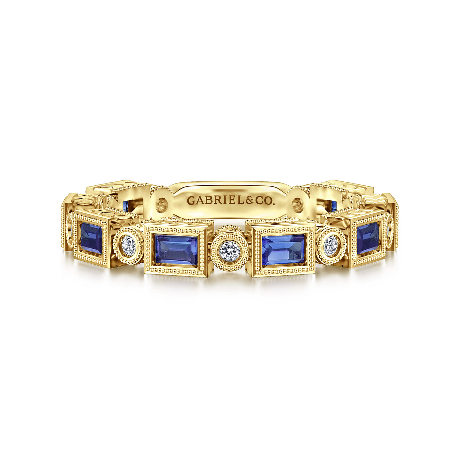 14K Yellow Gold Sapphire Baguette and Diamond Round Stackable Ring - 0.14 ct - Shot 1