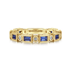 14K Yellow Gold Sapphire Baguette and Diamond Round Stackable Ring