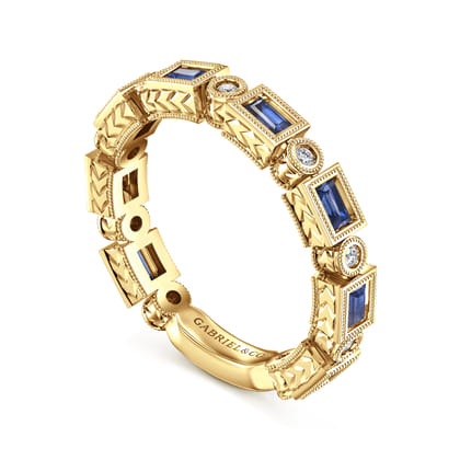 14K Yellow Gold Sapphire Baguette and Diamond Round Stackable Ring