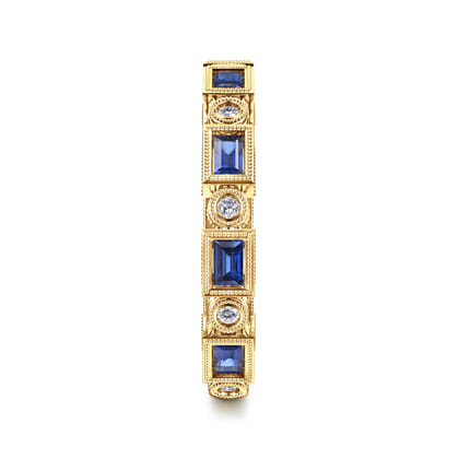 14K Yellow Gold Sapphire Baguette and Diamond Round Stackable Ring