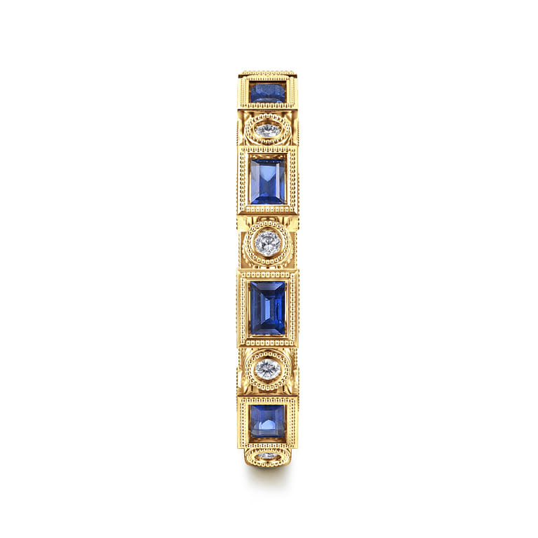 14K Yellow Gold Sapphire Baguette and Diamond Round Stackable Ring - 0.14 ct - Shot 4