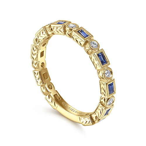 14K Yellow Gold Sapphire Baguette and Round Diamond Stackable Ring - 0.14 ct - Shot 3
