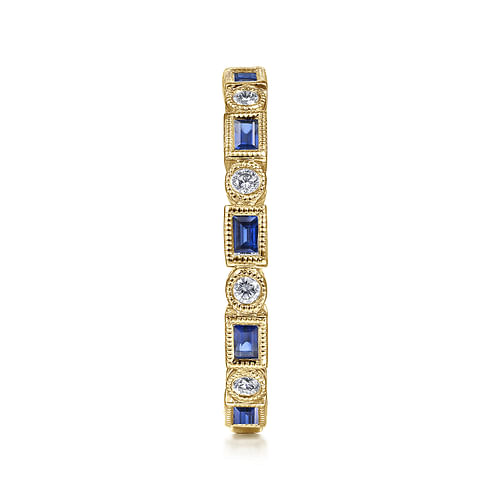 14K Yellow Gold Sapphire Baguette and Round Diamond Stackable Ring - 0.14 ct - Shot 4